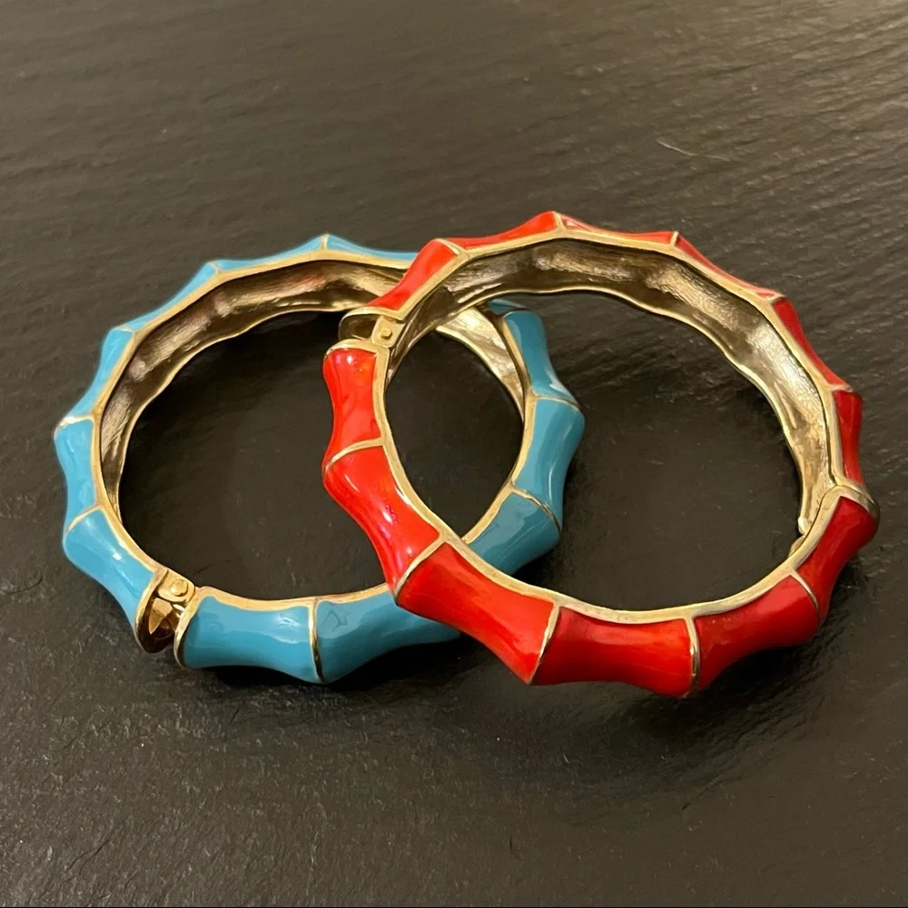 Set of Blue and Red Enamel on Gold Tone Spring Open Bracelets
